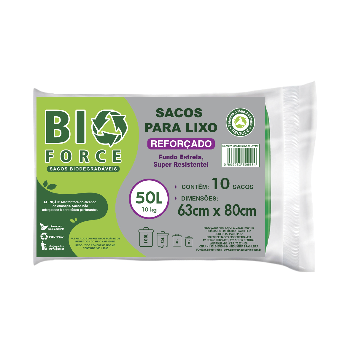 Saco para Lixo 50 Litros - BioForce Verde - 63x80