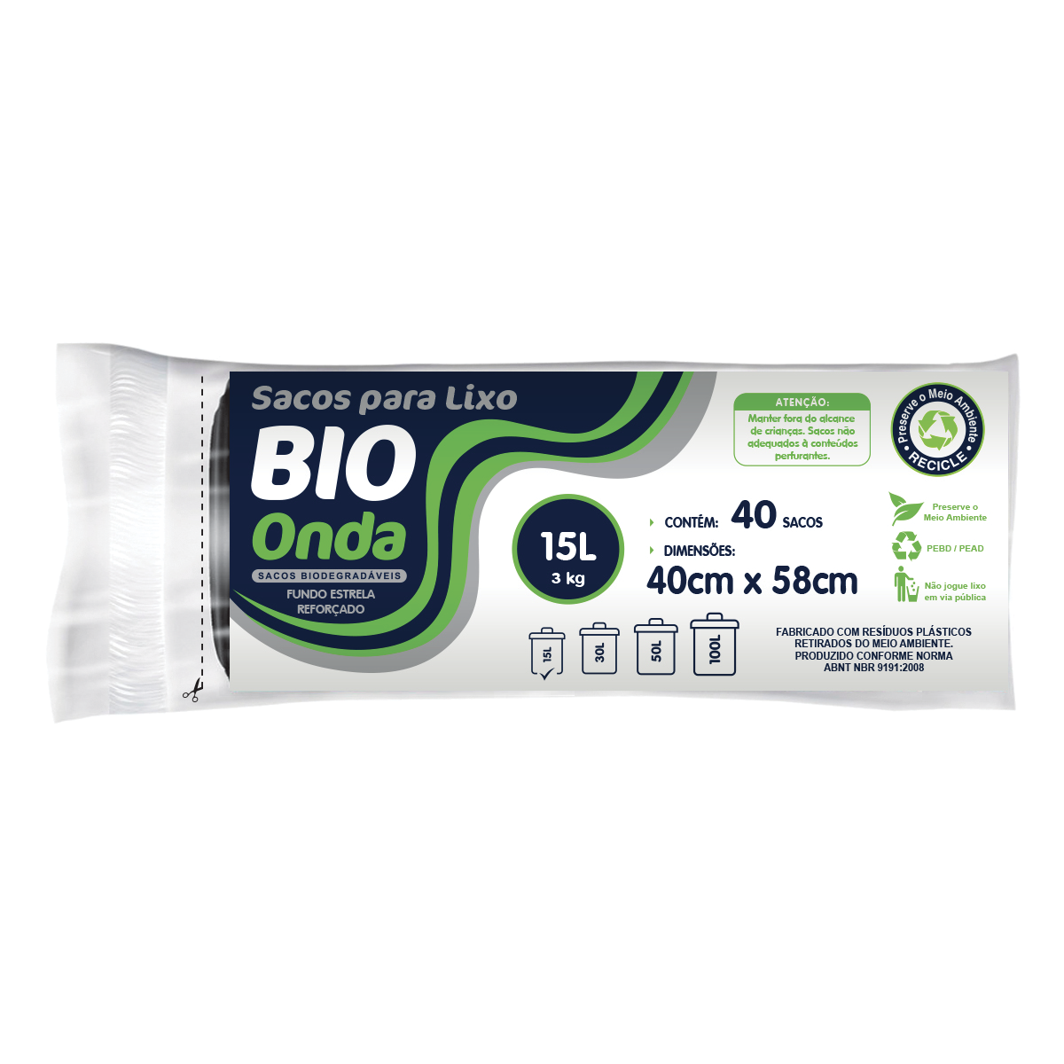 Bio Onda Sacos para lixo 15L Rolo - Preto 40x58