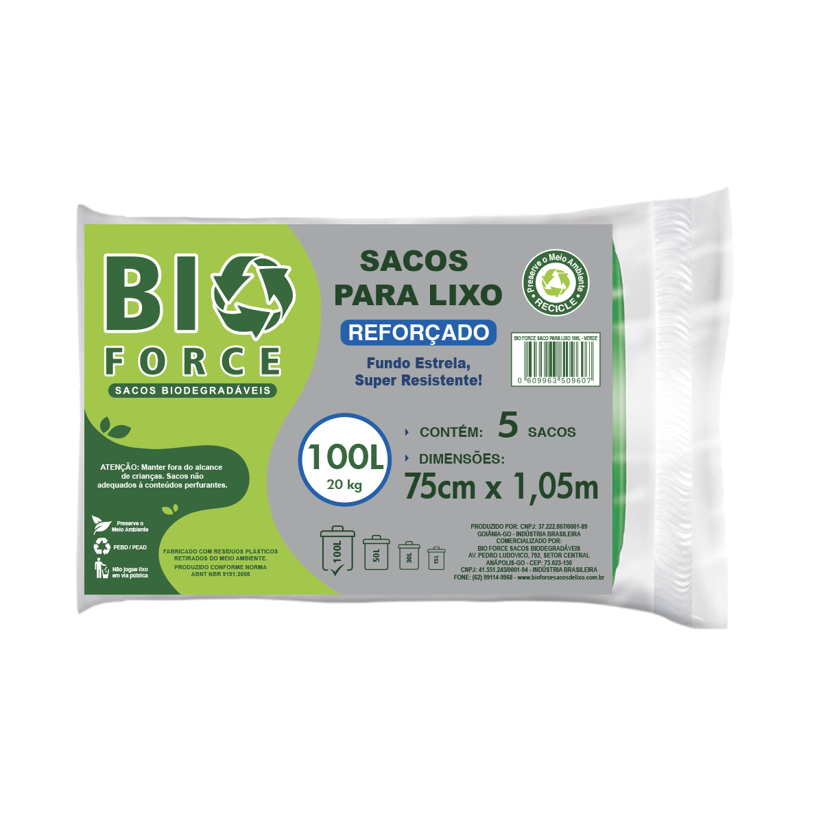 Saco para Lixo 100 Litros - BioForce Preto - 75x105
