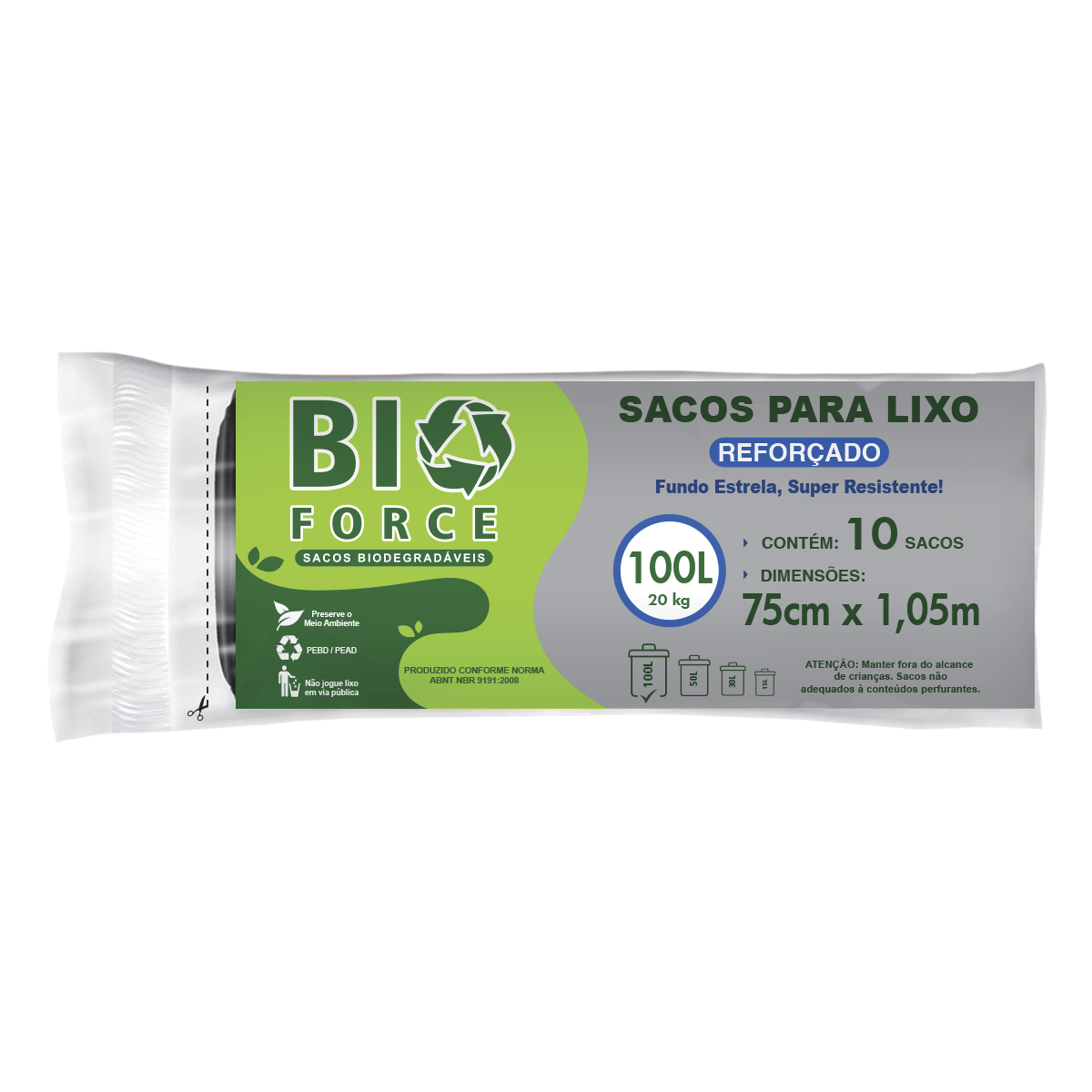 Saco para Lixo 100 Litros - BioForce Preto (Rolo 75x105)