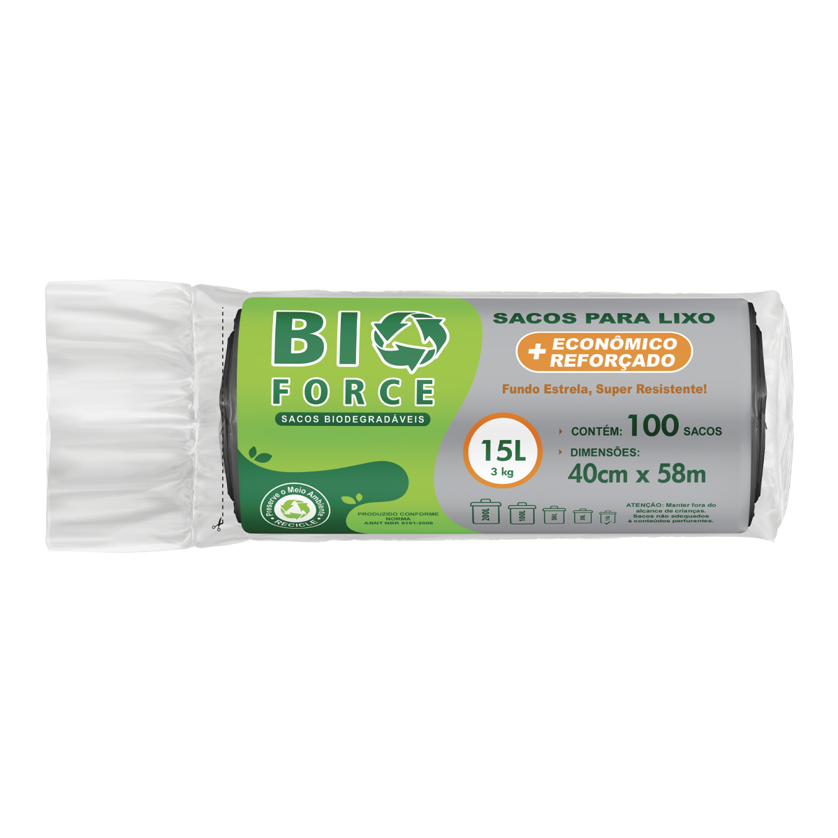 Saco para Lixo 15 Litros - BioForce Preto (Rolo Econômico 40x58)