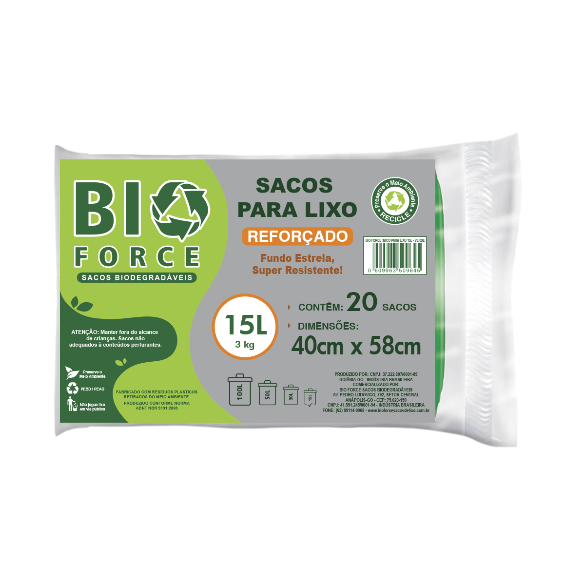 Saco para Lixo 15 Litros - BioForce Verde - 40x58