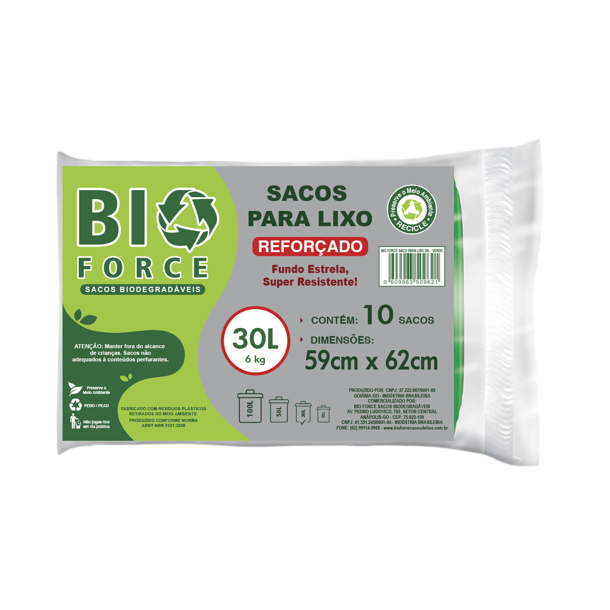 Saco para Lixo 30 Litros - BioForce Verde - 59x62
