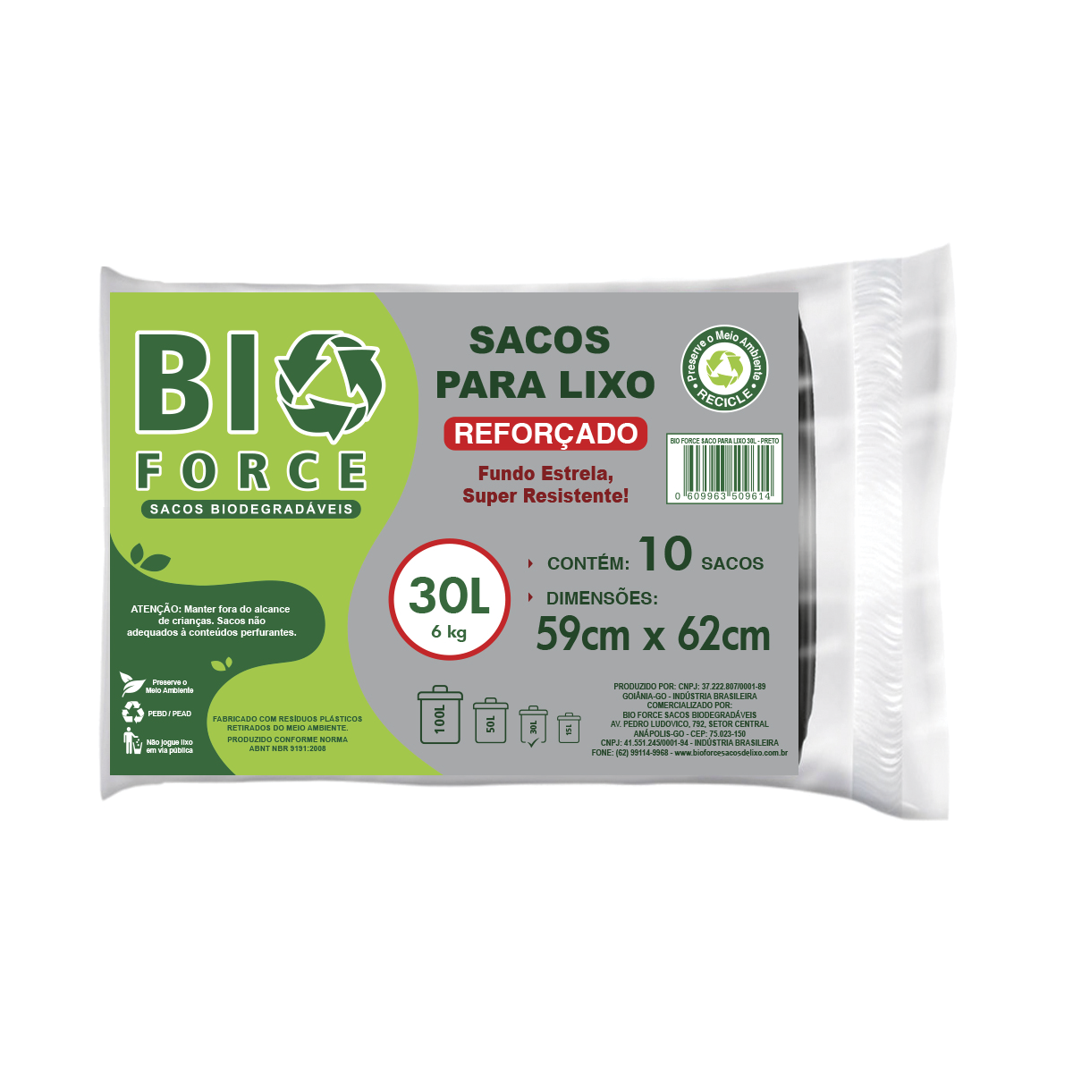 Saco para Lixo 30 Litros - BioForce Preto - 59x62