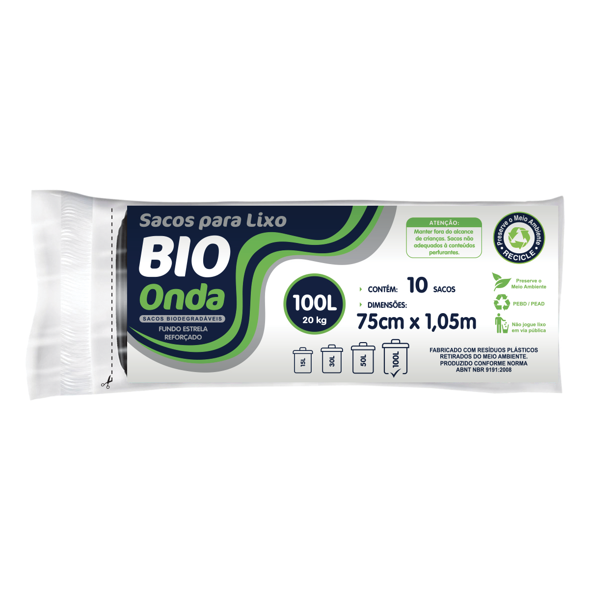 Bio Onda  Sacos para lixo 100L Rolo - Preto 75x105
