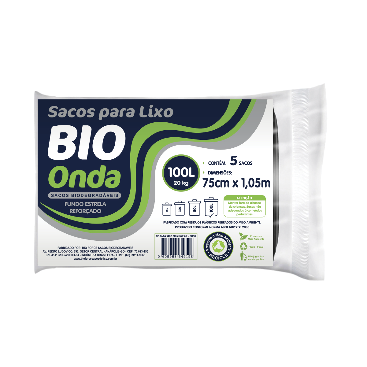 Bio Onda  Sacos para lixo 100L - Preto 75x105
